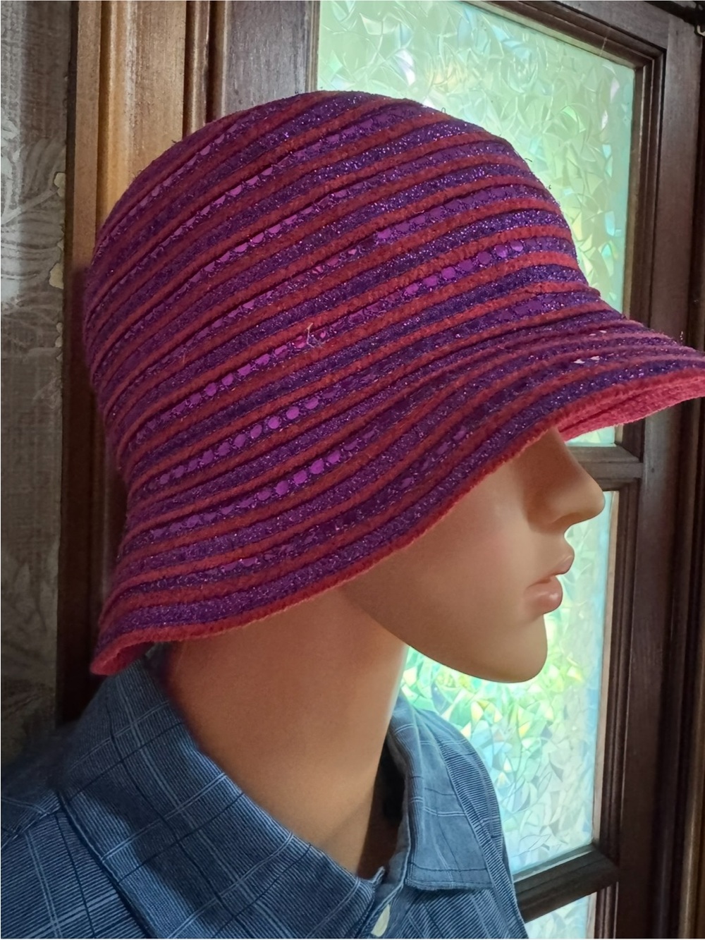 Vintage Red Purple Sequin Woven Hat Bucket Cosplay Derby Coastal Grandma
